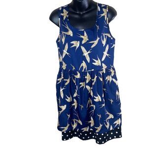 Navy Blue and Gold Bird Print Mini Dress